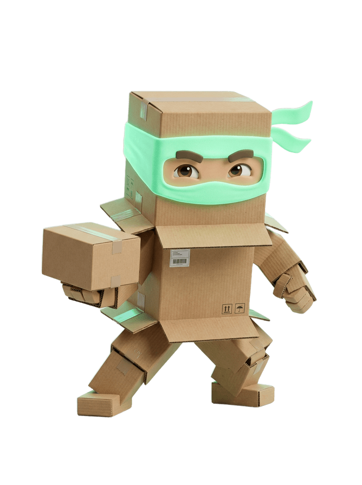 Ninja de NinjaDrop, hecho de cajas de envío con antifaz verde-neón, entregando un paquete